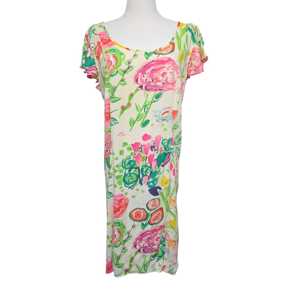 Jams World Vintage Hattie Hawaii Floral Midi Dress Tie Back Flutter Sleeve L